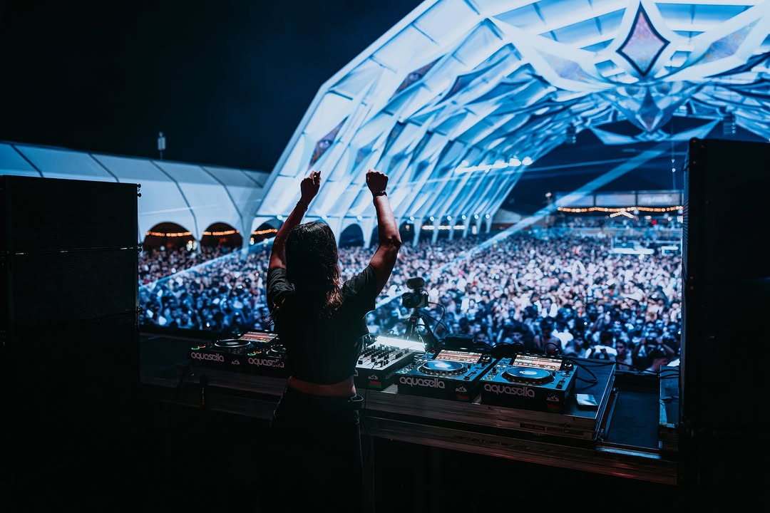 DJ levantando los puños ante el público bajo la carpa iluminada